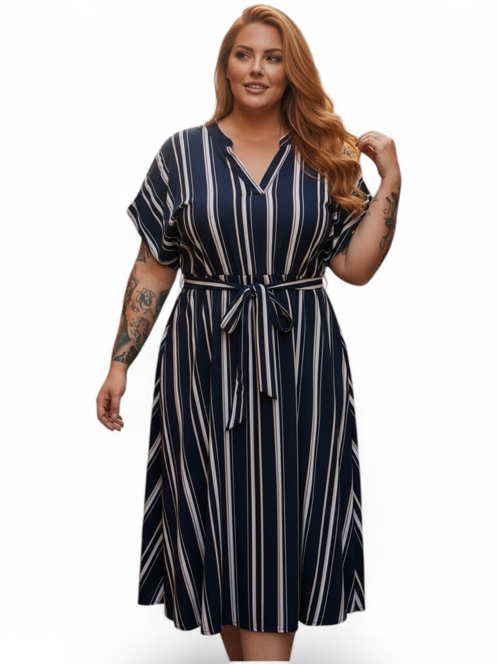 Navy and White Vertical Stripe Midi Dress with Tie Belt